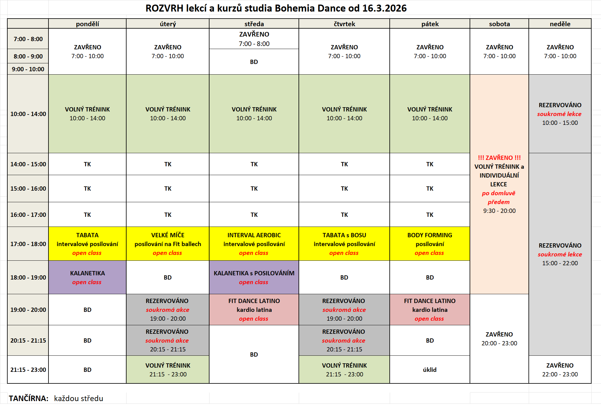 Rozvrh fitness lekcí (open class) od 7.9.2020
