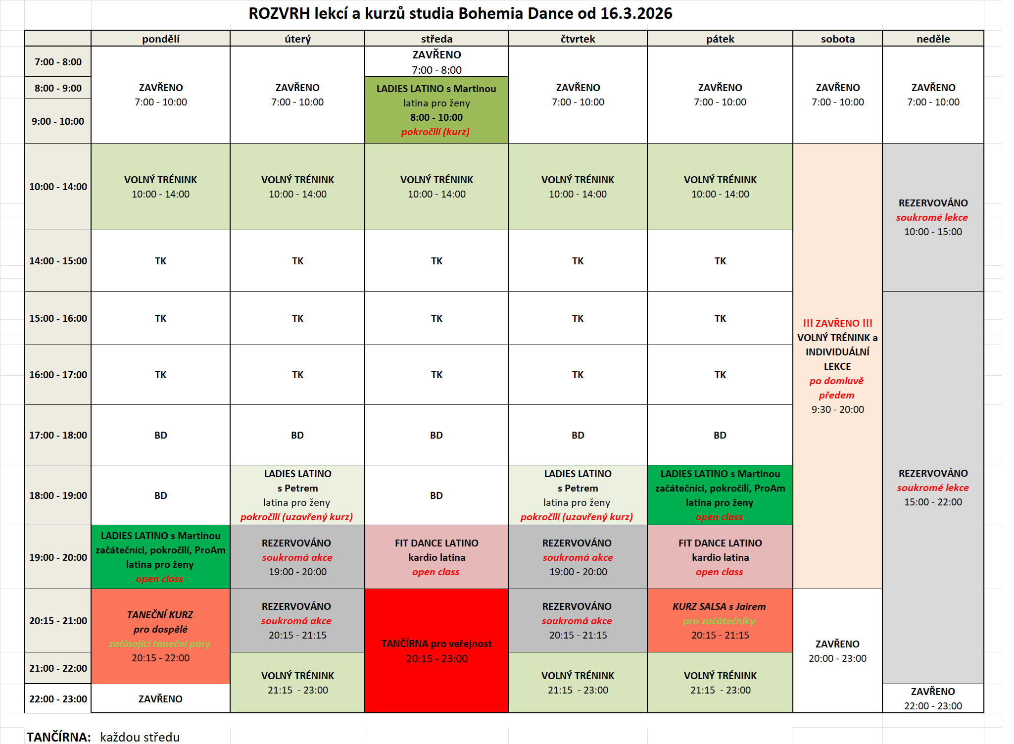 Rozvrh tanečních lekcí a kurzů pro veřejnost od 7.9.2020