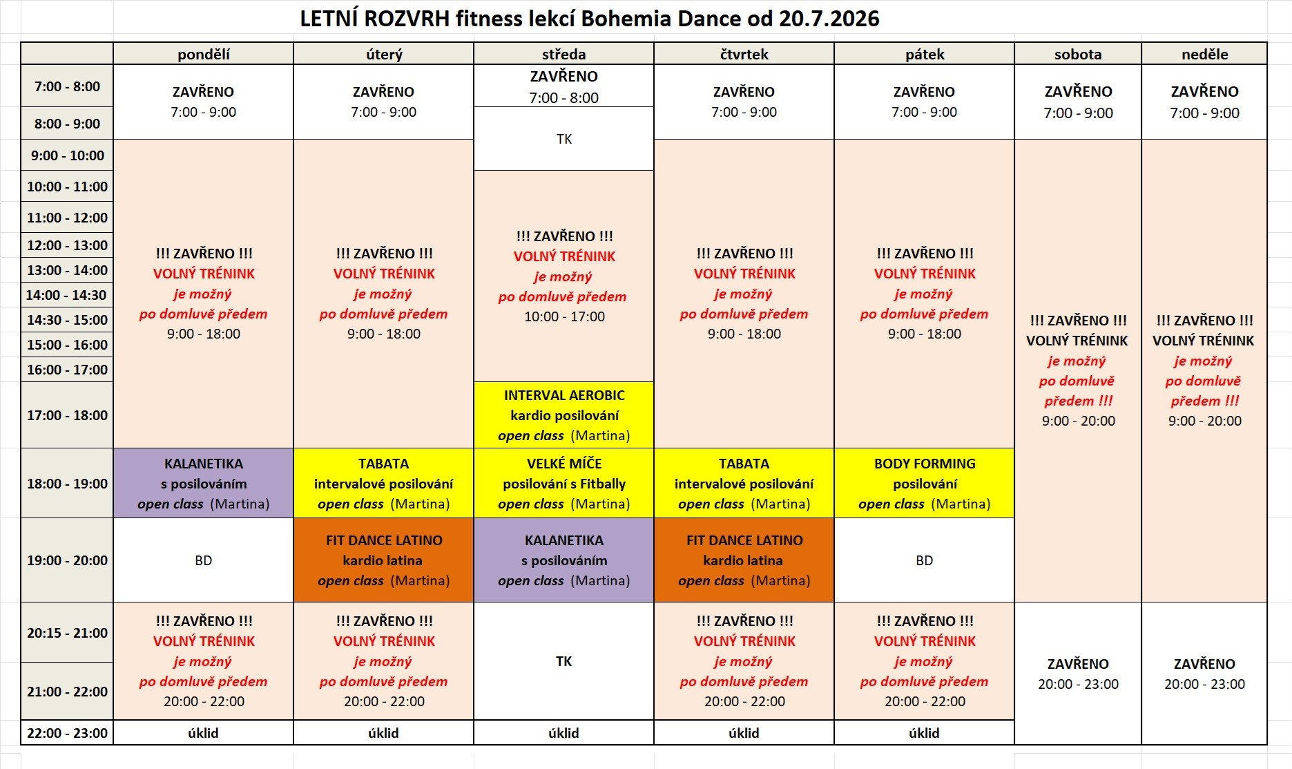 Rozvrh fitness lekcí (open class) od 7.9.2020