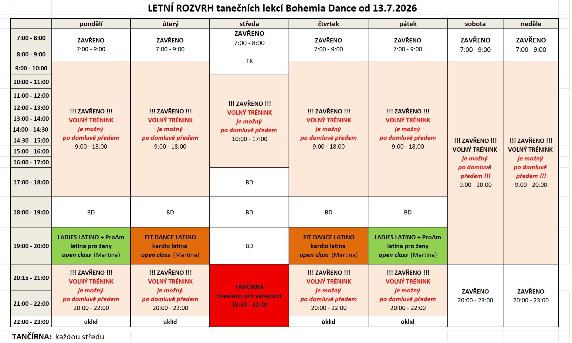 Rozvrh tanečních lekcí a kurzů pro veřejnost od 7.9.2020